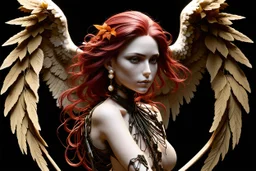 3D render ultra detailed of a beautiful angel, from knee to head, biomechanical cyborg, analog, 35 mm lens, beautiful natural soft rim light, big leaves and stems, roots, fine foliage lace, colorful details, samourai, pearl earring, heavely tattoed, intricate details, mesh wire, mandelbrot fractal, facial muscles, cable wires, microchip, badass, hyper realistic, ultra detailed, octane render, volumetric lighting, 8k post-production, red and white, detailled metalic bones, semi human, by Glenn Br