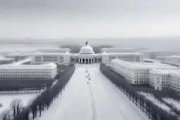 Washington DC on a snowy day, futuristic, white, dreamy, highly detailed 8k