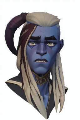 A tieffelin with blue skin and white Dreadlock hair. His pupil-less eyes are green. He wears a small beard.