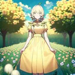 anime girl holding on to a dried dandelion flower and blowing the dried seeds into the air as the wind carries them away. outdoors scene.anime girl standing in a meadow of flowers. thw wind is blowing flower pedals into the wind. girl wearing yellow dress. more emphasis on seeds floating in the air. lots of seeds floating the air