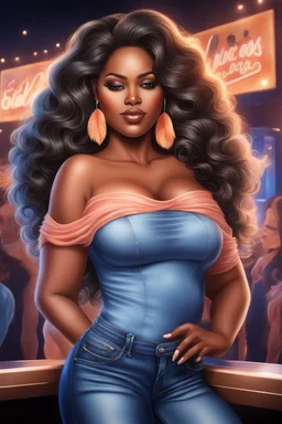 create an airbrush illustration of a curvy black female wearing Tight blue jeans and a peach off the shoulder blouse. Prominent make up with long lashes and hazel eyes. She is wearing brown feather earrings. Highly detailed long black shiny wavy hair that's flowing to the side. Background of a night club.