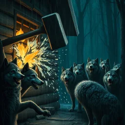 one large hammer breaks the wall of the wooden house. A group of anthropomorphic wolves react in surprise in the background other anthropomorphic wolves watch the scene unfold with expressions of shock and with surprise faces. high realistic, detailed,dark fantasy mood, rain, cinematic