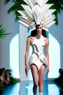 model in runway with dress high tech inspired by apulia trullo and coconut palm and orchids headgear