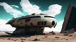 Sleek Cargo Spaceship Sitting In A Ruined Landscape