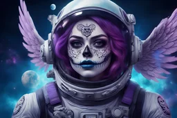 beautifull girl sugarskull astronaut space galaxy pilot whit tattoo, pretty eyes, big wings, photography, soft light, volumetric lighting, ultra-detailed photography, blue background, Perfect anatomy, super high resolution + UHD + HDR + highly detailed, hyperrealistic, dynamic lighting, fantasy art , PURPLE and BLACK colors, stars around.