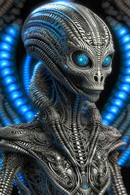 A beautiful alien with big eyes and small nose and mouth wearing a bioluminescense light zafír wearing biomechanical amalgamation style leather jacket dress ribbed with silver floral metallic filigree biomechanical vantablack pattern, organic bio spinal ribbed detail of gothic winter backround extremely detailed maximalist hyperrealistic portrait art