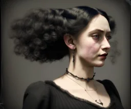 1800s, witch, victorian, portrait, choker, black curly hair, victorian dress