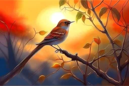 Nightingale on a branch in a thick hedgerow, singing, the breath draws a misty swirling pattern, sunrise, warm colors, smooth intricate high definition beautiful lighting watercolor dramatic lighting polished deep color warm light