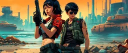 photo-realistic, amazing reflections, wonderful textures, perfect skin, dynamic, cinematic, dramatic, deep low angle: a cyberpunk girl and boy posing with handguns on a polluted littered nuclear beach, front view, close-up, summer vibe, Akira vibe, Katsuhiro Otomo style, bold vivid colors, sharp shadows, black outlines, ultra detailed, extremely intricate, sweat droplets