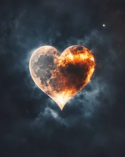 Moon, biological heart, cinematic, {abstract}, depression, space background, atmospheric, fire, DLSR, soft focus, dispersion