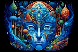 a surreal and artistic representation of a human head. The right side of the head is opened, revealing an intricate inner world. Inside, there are vibrant elements such as colorful mushrooms, tunnels, and radiant lights. The eyes are detailed and realistic, with blue irises. The overall composition creates an ethereal and fantastical atmosphere. It’s a captivating blend of organic shapes and geometric patterns, inviting viewers to explore the depths within the mind. 🌟🍄🌈