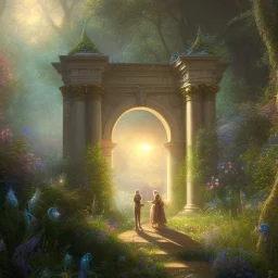 A luminous and magical portal made of light, people standing in front of it and passing through the portal to enter another world, Peter Merbacher, Thomas Kincaid and Raphael Lacoste, masterpiece, illustration, many details, small details, intricate, popular at the station Art, painting with details and full HD components, 4K, 8K, 16K