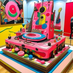 A giant pink cake filled with musical instruments painted by Wassily Kandinsky