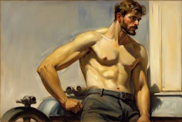 A handsome masculine shirtless scruff greasy dirty mechanic, Edward hopper John singer Sargent oil painting