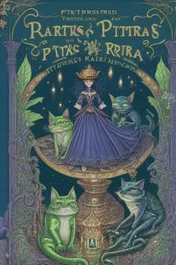 dark fantasy, intricate book cover showing Puss in Boots, the Frog King and a fairytale princess and the Pea, whimsical in the style of a Terry Pratchett Discworld cover