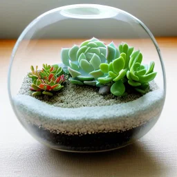 succulent terrarium in a glass bowl, pastel colors, sunbeam, adorable, linen backdrop