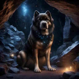 Hyper Realistic big muscular dog guarding black crystals with fireflies in a cave at night