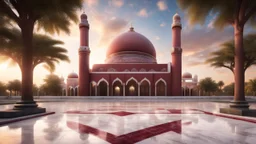 Hyper Realistic Beautiful-Decorated-Huge-Maroon-Brick-Mosque with white-marble-flooring & Beautiful-Lighting-Decorations at early-cloudy-sunrise with stars on sky & beautiful trees