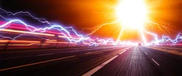 lightning and electricity streaming across composition left to right, behind is a bunch of racing inspired stripes to convey speed