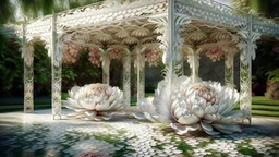 Generate an image inspired by the provided picture of a pavilion, capturing the essence of serenity and architectural beauty. Emphasize the intricate details and unique features of the pavilion while infusing the scene with a tranquil atmosphere. Ensure the generated image reflects the same sense of calm and aesthetic appeal, celebrating the architectural elegance depicted in the input image.