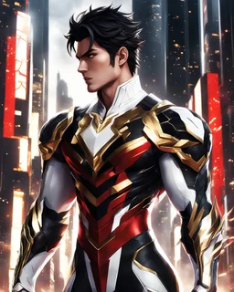 Striking hyper-realistic anime illustration of a powerful male protagonist, dressed in a white, red, black and gold outfit. Featuring obsidian patterns with gold details and the edges emit fascinating energy. Muscular physique accentuated with sleek lines and details. Futuristic cityscape background. Masterpiece of art that combines anime and science fiction aesthetics. Poster-worthy cinematic illustration