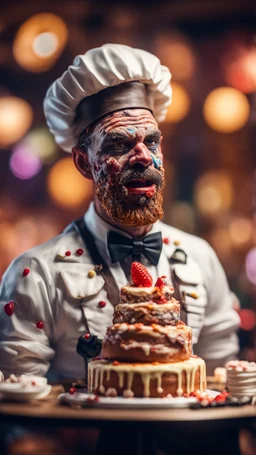 portrait of wilderness muzzled cannibal baker the highest advanced art cake sculpture during a casino game show, bokeh like f/0.8, tilt-shift lens 8k, high detail, smooth render, down-light, unreal engine, prize winning