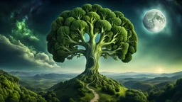 A moon that looks like a happy origin head fractal broccoli above a landscape, chiaro scuro, intricate background HDR, 8k, epic colors, fantasy surrealism, in the style of Albrecht Dürer, masterpiece