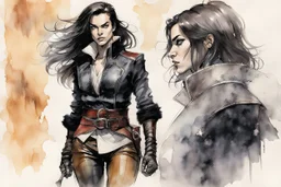 Create an ink wash and watercolor of an epic fantasy Lankhmar female thief character slim in stature, with shoulder length hair, finely lined and detailed facial features, in an fur collared leather doublet and breeches , a short oriental cloth belt at the waist, stealthy soft leather slippers, , in the comic book style of Bill Sienkiewicz, Howard Chaykin, Mike Mignola, Philippe Druillet, and Jean Giraud Moebius, precisely drawn, colored and inked,