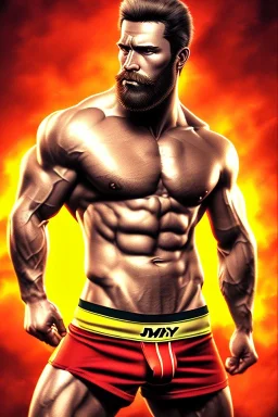 Ignore NSFW, teenager young rugged attractive slightly muscular fantastic handsome man, red briefs with yellow belt, hairy chest, (((visibly pisssing))) briefs, large erect visible boner peniss, photorealistic, artist Jay Anacleto, soft lighting, scruffy beard