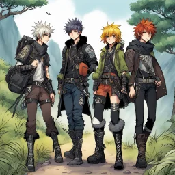 funky manga art of fashion, punkrock, future illustration: RPG group of Adventurers in the wild