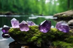 amethysts crystals, with transparency, in a forest, lake with fairies, reflexion
