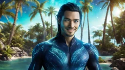 beautiful gorgeous young man na'vi with long hair, Avatar, blue skin, two small ears, green eyes, black hair, in cosmic suit, galactic ambiance, medium pointy goatee , smiling, with spaceship and planets and palm trees and clear crystaline cosmic beach in background