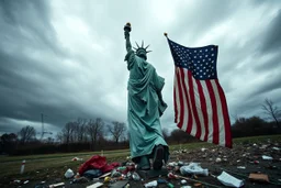 the statue of liberty, dress dirty and torn, her face solemn and terse, trash littered at her feet, she holds a crumpled american flag, she walks away with back turned under a dark and dreary sky, wide angle