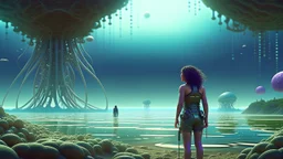 Detailed matte painting of a wide-angle shot of a woman, standing on the right side of an alien beach, with dark hair in a silver robotic catsuit, many large floating jellyfish with octopus tentacles, alien jungle trees in the distance