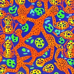 frog sitting on planet Yayoi Kusama