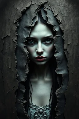 surreal ancient tome crumbling paper women visage emerging torment intricate bark-like textures distressed edges fragile parchment dark hues slime torn fractures ghostly paper effect abyssal backdrop eerie ethereal glow slime enigmatic dreamlike atmosphere hauntingly serene composition