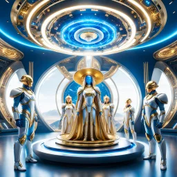 (masterpiece, best quality, 8k, RAW photo, beautiful and aesthetic:1.2), complex detail, Indirect light, photorealistic, (((full body))), a A group of Cosmic gods smiling, Mixed, sci-fi, spiritual and cyborg outfit with golden futuristic artifacts, white, blue and silver elements- Inside a great room of a flying saucer with a round hublot showing a galactic sunset