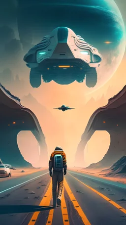 sci-fi road with man and spaceship