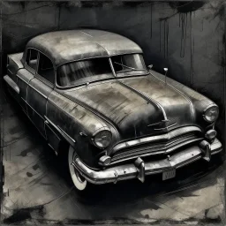 An old car , Hyper Realistic Aerial Grungy Dark-Grey Brush strokes on a dark rustic background with charcoals