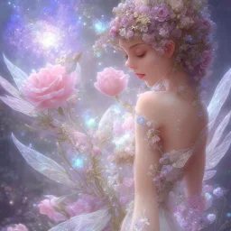 one big crystal subtle flower in a galactic ambiance with a beautiful fairy, transparent petals, delicate colors, in the foreground, full of details, smooth，soft light atmosphere, concept art, smooth, extremely sharp detail,