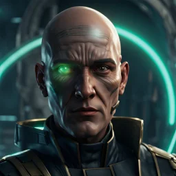 star wars bald male corellian pilot wearing pearlescent black and gunmetal grey First Order special forces heavy assault armor and helmet with gold trim inside the jedi temple, centered portrait, hyperdetailed, dynamic lighting, hyperdetailed background, 8k resolution, volumetric lighting, light skin, fully symmetric details