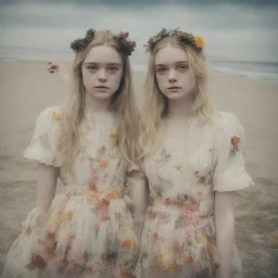 Elle fanning and dakota fanning as flowers, on the beach, damaged polaroid