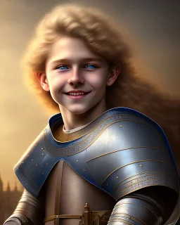 full length photograph of a beautiful 12 year old boy with long, blonde curly hair and light blue eyes, smiling, in front of a medieval town, highly detailed, smooth, photorealistic, digital art, HDR