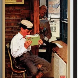 man behind microphone reading book by Norman Rockwell