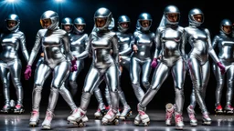 Hyperrealistisch dutzende Rollergirls völlig verhüllt von silber glänzendem Ganzkörper-Zentai mit geschlossenem verspiegelten Visier in identischen silberfarbenen, geschlossenen Helmen fahren in präziser Formation parallel nebeneinander und hintereinander mit silbernen Rollerskates unter Flutlicht auf Asphalt