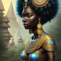 sango fantasy, fantasy magic, intricate, sharp focus, illustration, highly detailed, digital painting, concept art, matte, masterpiece head sexy African beauty black afro hair earth lady blue African huts Egyptian princess