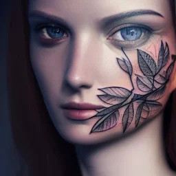 "full face tattoo of leaves and gnarled branches extending past face and morphing into reality, 8k resolution, high-quality, fine-detail, intricate, digital art, detailed matte, volumetric lighting, illustration, octane render