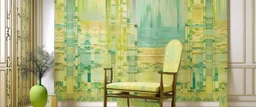 A pale greenish yellow luminous metropolis designed in Navajo woven art painted by Claude Monet