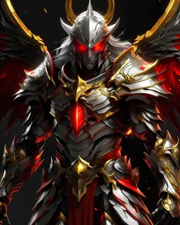 silver and gold armor with glowing red eyes, and a ghostly red flowing cape, crimson trim flows throughout the armor, the helmet is fully covering the face, black and red spikes erupt from the shoulder pads, crimson and gold angel wings are erupting from the back, crimson hair coming out the helmet, spikes erupting from the shoulder pads and gauntlets