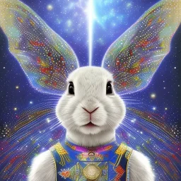 white platinum rabbit with blue third aye and butterfly wings, aboriginal, dot painting, indiginous, dot, mud, dream-time, abstract, dots, natural pigment, extremely sharp detail, finely tuned detail, ultra high definition, 8 k, unreal engine 5, ultra sharp focus, art germ and Paul Lewin and Kehinde Wiley, winter ambiance